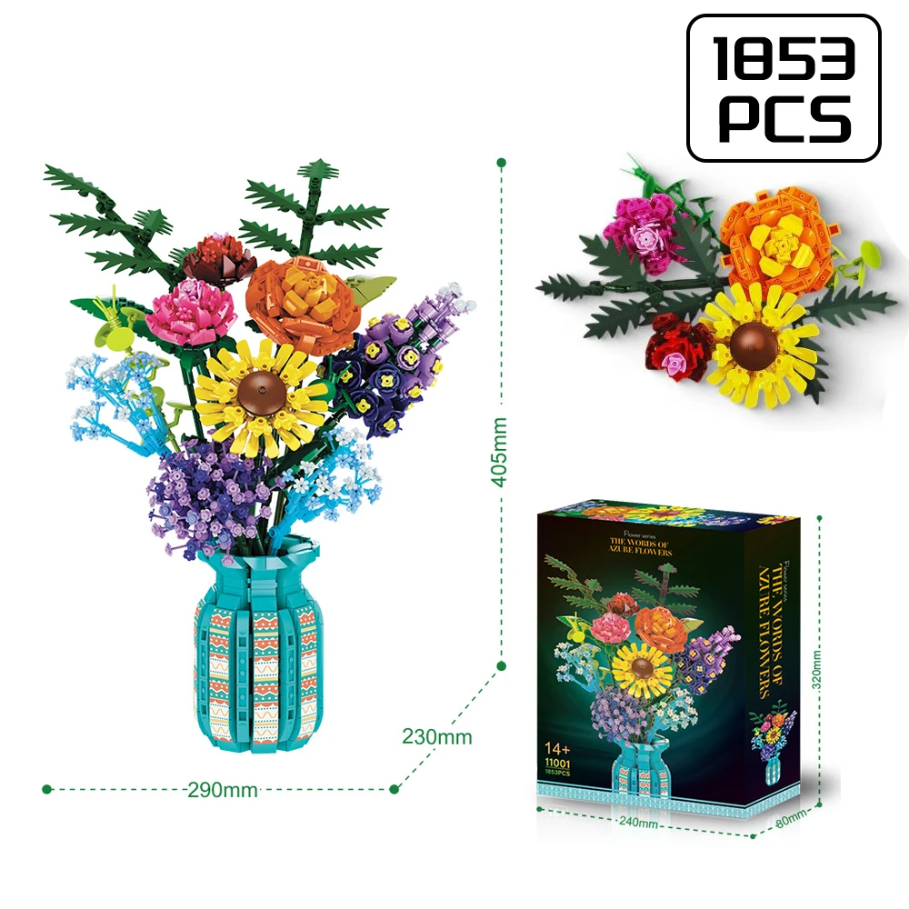 Conjunto de blocos de construção florais com vaso e caixa, várias flores, tijolo de brinquedo, buquê para crianças, presente, 1853 peças, kit de decoração de escritório doméstico diy
