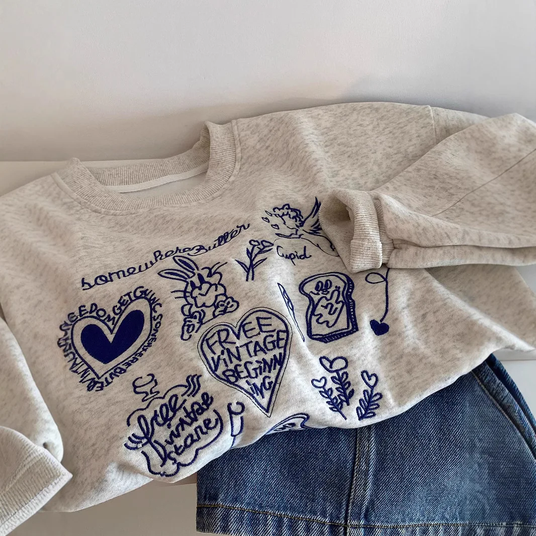 Retro American Design Women's Loose Cartoon Printed Gray Round Neck Sweatshirt Y2k Jacket Long Sleeve Sweatshirt Street Clothing