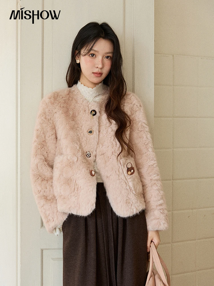 

MISHOW Women's Winter Jacket 2025 Sweet Pink Faux Rabbit Fur Coat with Pockets Handcrafted Vintage Buttons Outerwear MXE87W0990