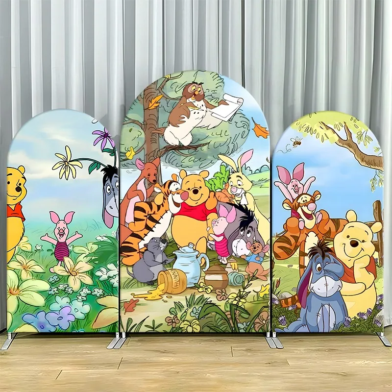 Housse de toile de fond 2D à arche plate, simple couche, en tissu non extensible, motif Winnie l'ourson Aventure au jardin, pour fête
