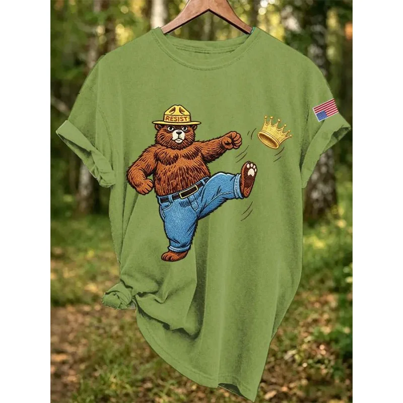 ilstile Resist Save The Forest Service Women's Bow Print T-Shirts Summer Short Sleeve T Shirt Casual Resist Bear Graphic Tees