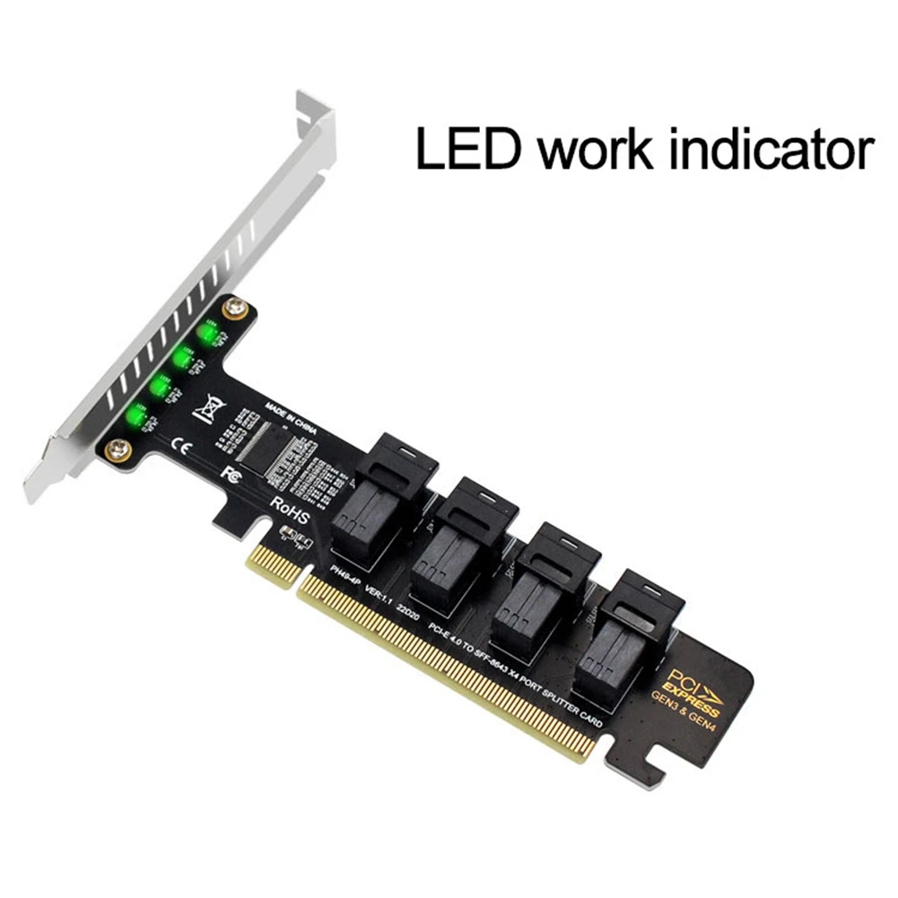 PCI-E X16 to 4-Ports U.2 NVME SFF-8643 Expansion Card High Speed PCIe 4.0 Split Cards LED Indicator for 2U Chassis