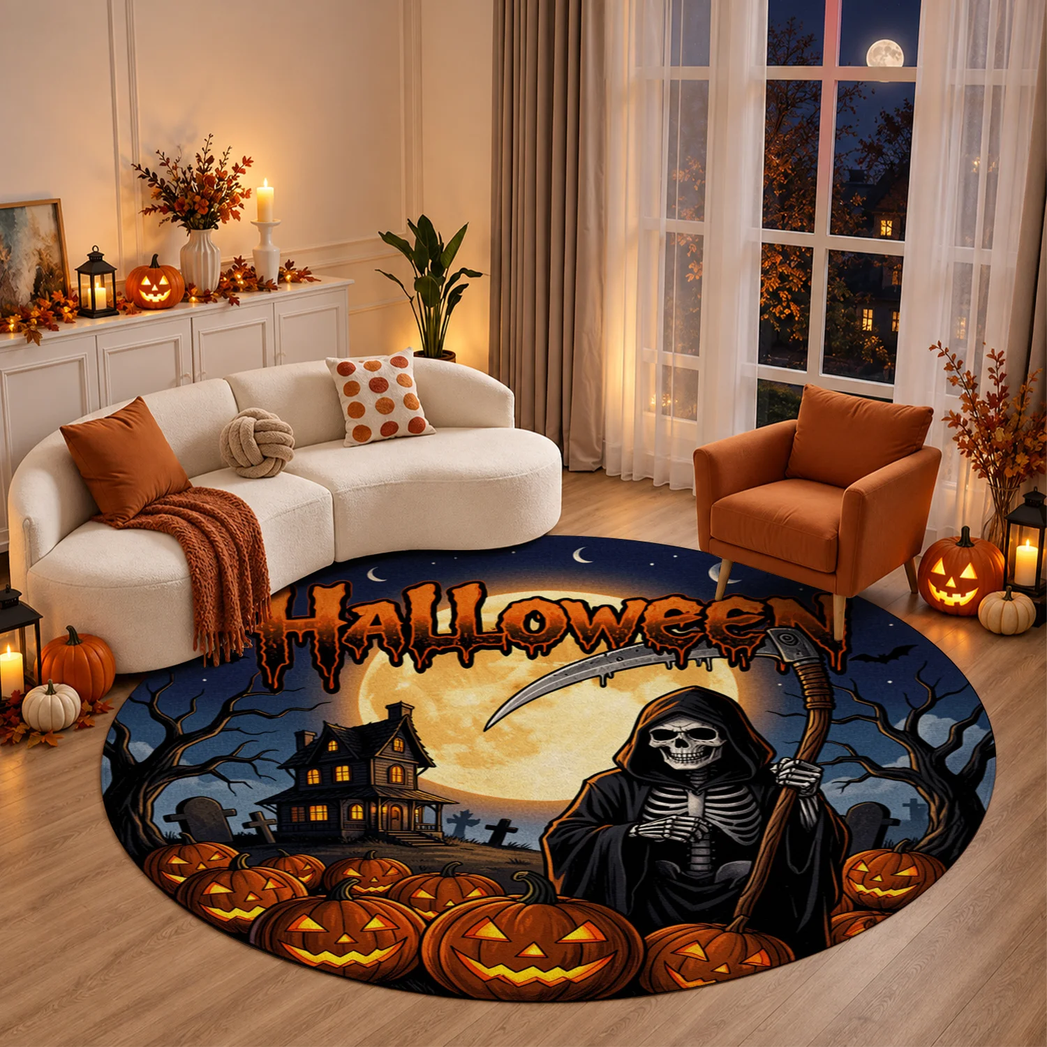 Halloween Grim Reaper Jack-o-Lantern Haunted House Pattern Round Velvet Doormat, Machine Washable Decorative Floor Mat for Entryway, Living Room, Porch, Ideal for Halloween, Thanksgiving, Black Friday, Christmas, New Year Festive Decor
