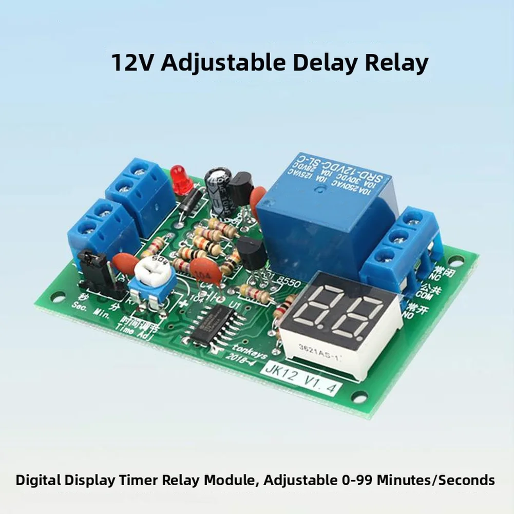 12V Time Delay Relay Module with Digital Display and Dual Output Contacts for Custom Timing Solutions in Industrial Settings