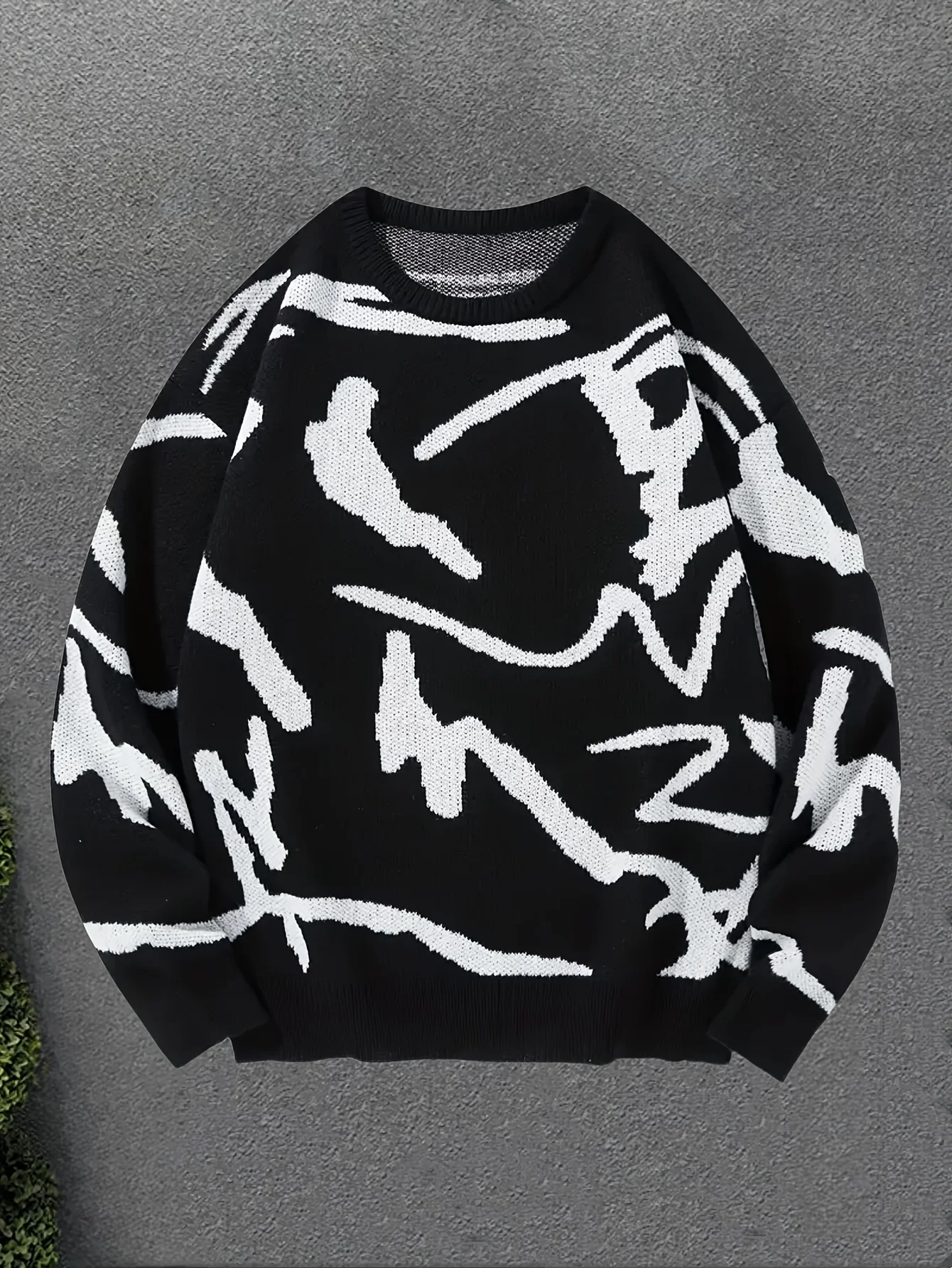 

LVLAEA Graffiti Pattern Jacquard Men Fall Winter Loungewear Shirt Long Sleeve Round Neck Trendy Anti-pilling Pullover for Men