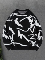 LVLAEA Graffiti Pattern Jacquard Men Fall Winter Loungewear Shirt Long Sleeve Round Neck Trendy Anti-pilling Pullover for Men