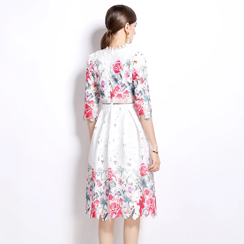 Summer Runway Hollow Out Floral Embroidery Lace Midi Dress For Women Women Short Sleeve Floral Print Slim Waist Party Vestidos