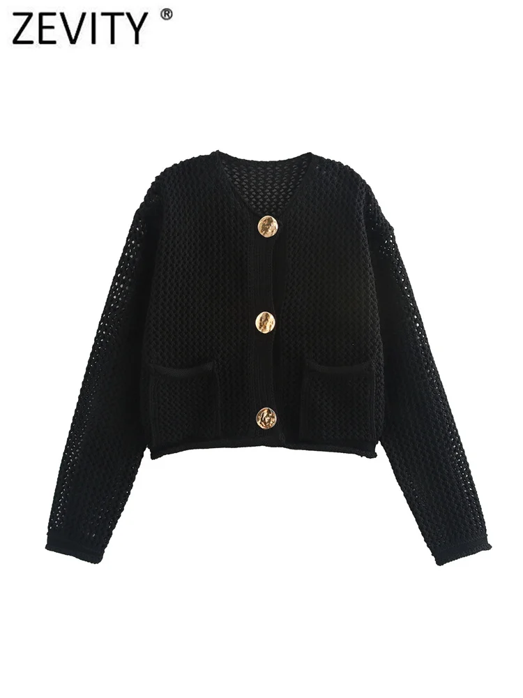 Zevity New Women O Neck Coarse Needle Long Sleeved Knitted Sweater Jacket Female Chic Pockets Design Crop Coats Chic Tops CT6280