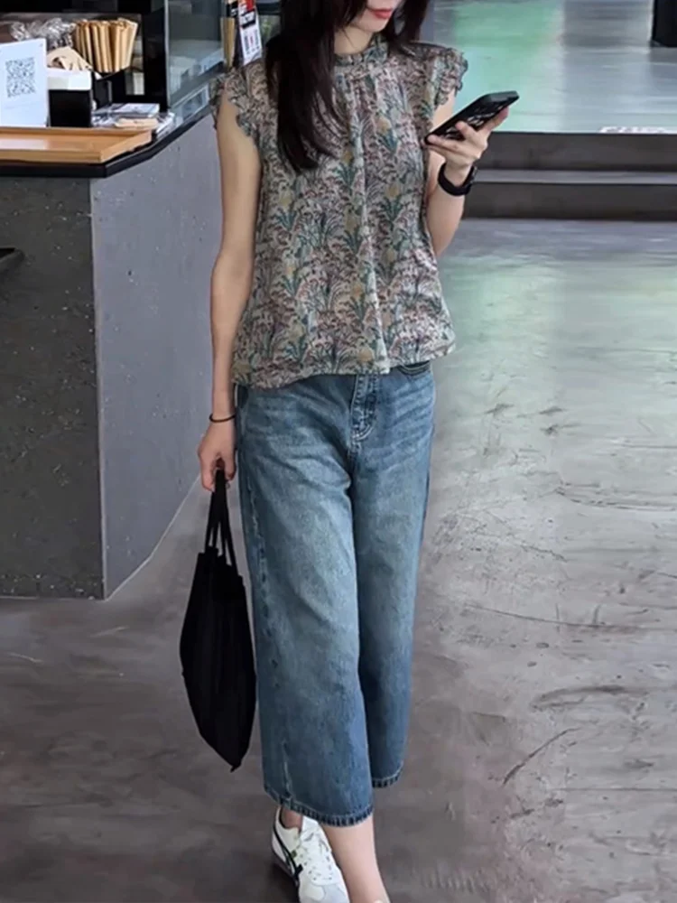 

Elegant Summer Fashion Set Women's Loose Sleeveless Floral Vest Top Casual Denim Pants Two-Piece Set Comfortable Breathable