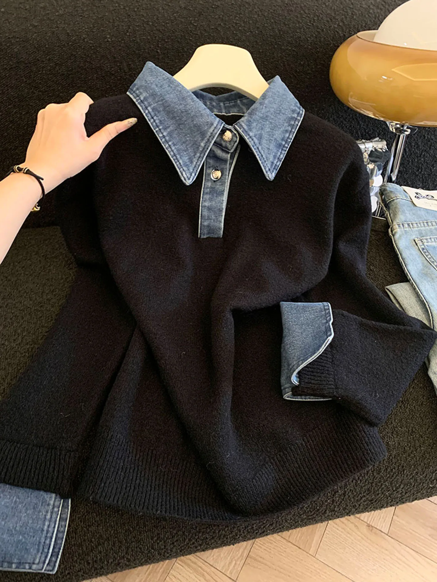 

Emily Clud Recommended Color Blo Denim Ne Knitwear Women's Autumn Winter Thiened Long Sve Regular Fit Warm Top