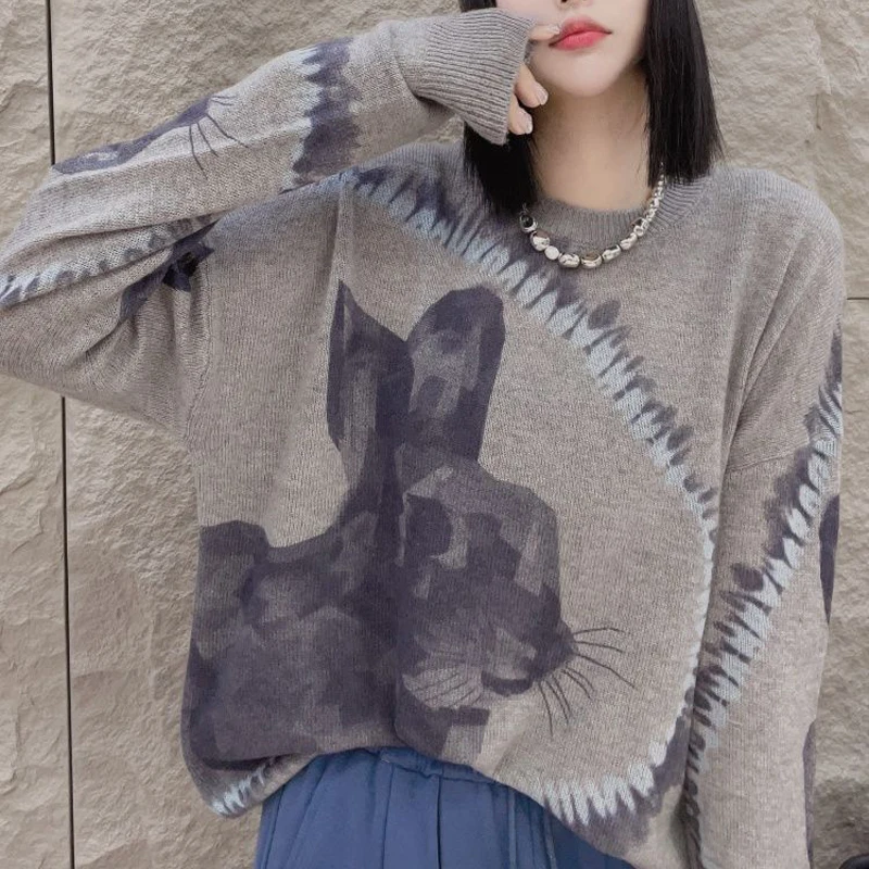 Women Trendy Vintage Cartoon Jacquard Streetwear Chic Knitted Sweater Simple Casual O Neck Long Sleeve Pullover Tops Y2K Jumpers