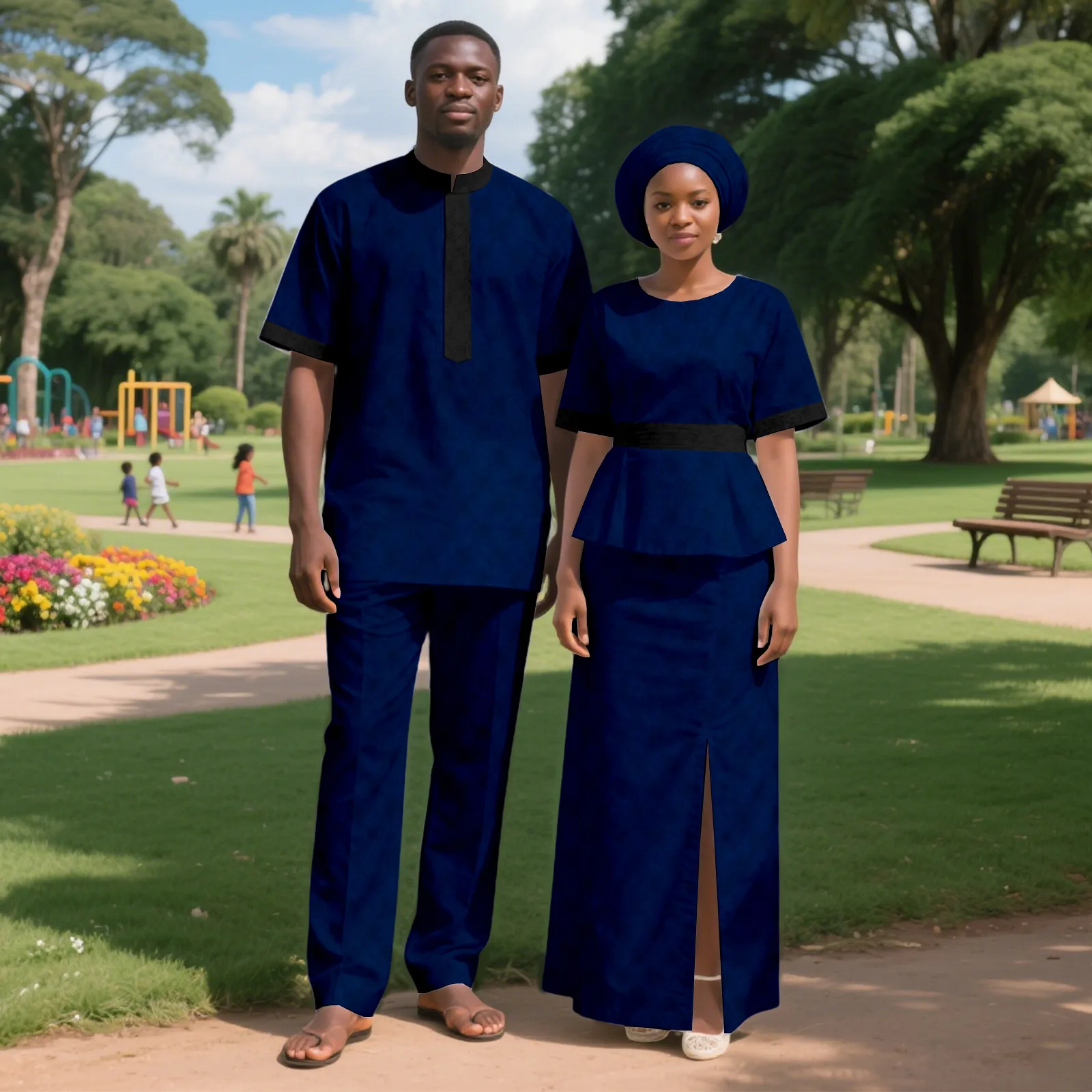 

African Couple Suits with Gilded Lace Matching Robe Men's Agbada Women's Dress Set for Wedding Evening And Daily Wear 25C087