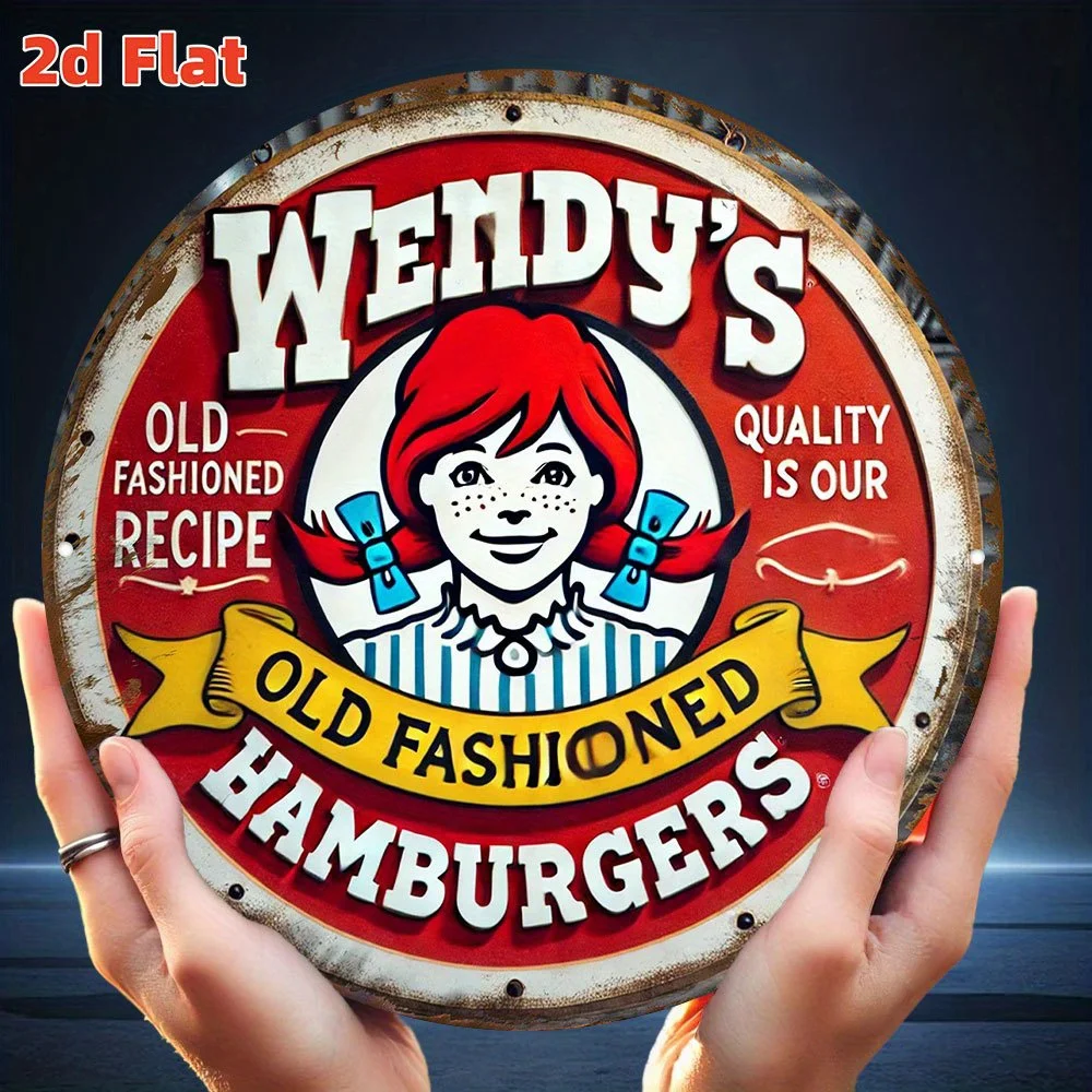 Letrero de pared de metal 2D plano, vintage de Wendy's Old Fashioned Hamburgers - Decoración de comedor retro de aluminio redondo de 7,8 pulgadas, duradero para interiores/Ou