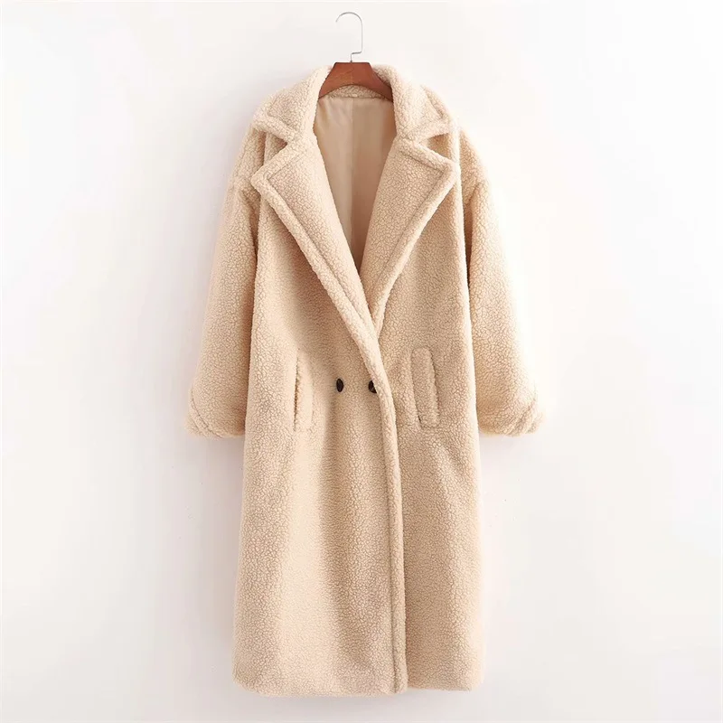 Winter Notched Collar Hairy Shaggy Faux Fur Long Teddy Coat Ivory Woman Shearling Fluffy X-Long Jackets Keep Warm Outerwear