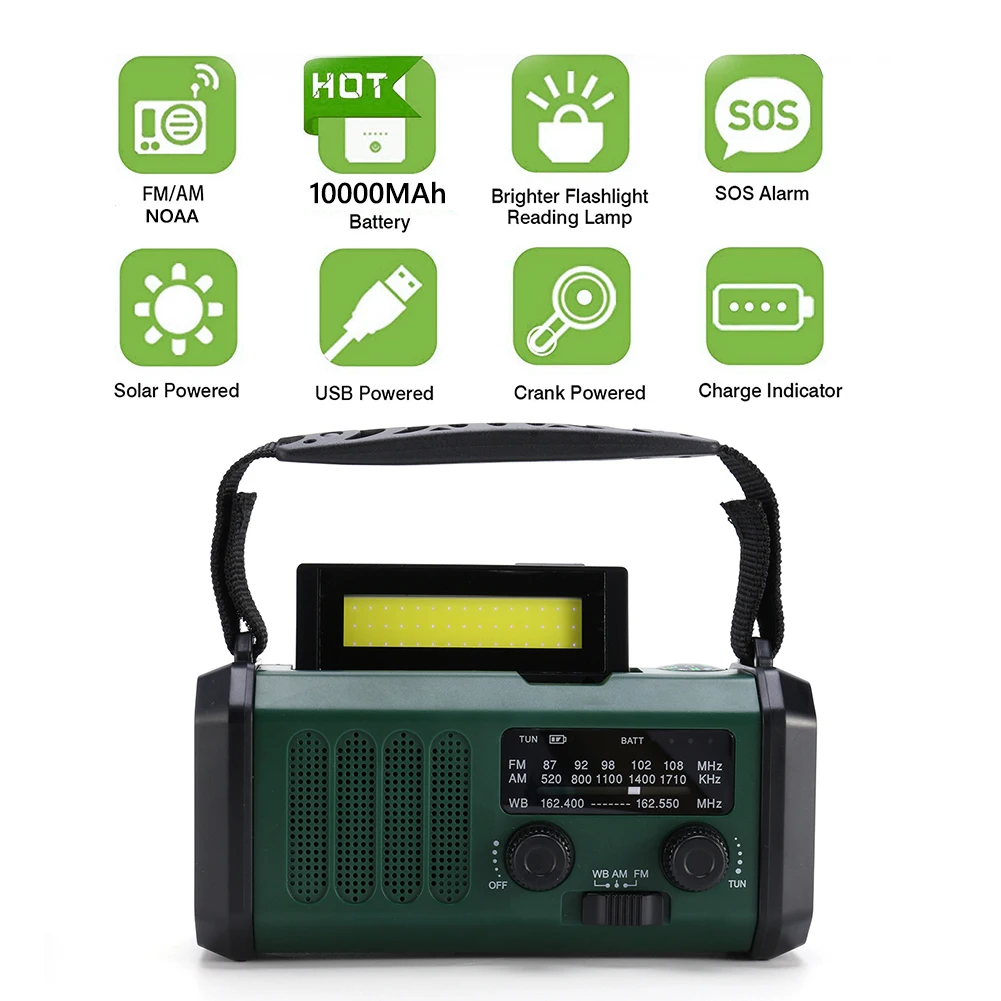 LED Portable Radio AM/FM/WB 10000mAh Hand Crank Radio Flashlight Reading Lamp Solar Emergency Radio Type-C Charging with Compass