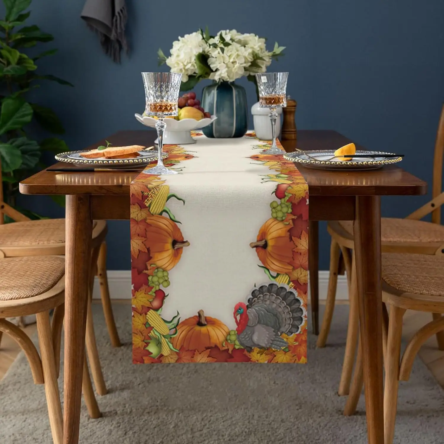 Fall Turkey Pumpkin Maple Leaf Linen Table Runner Autumn Thanksgiving Dresser Scarf for Holiday Wedding Party Dining Table Decor