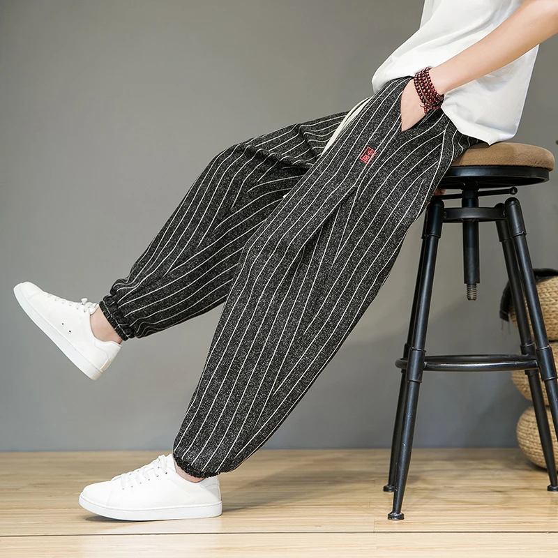 Primavera Verão Calças para Homens Confortável e Respirável Algodão e Linho Casual Calças Moda Stripe Harem Pants Homem