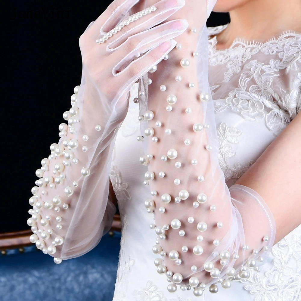 JaneVini 2023 Luxury White Long Bridal Gloves with Pearls Full Finger Tulle 55cm Elbow Length Gloves Wedding Dress Accessories