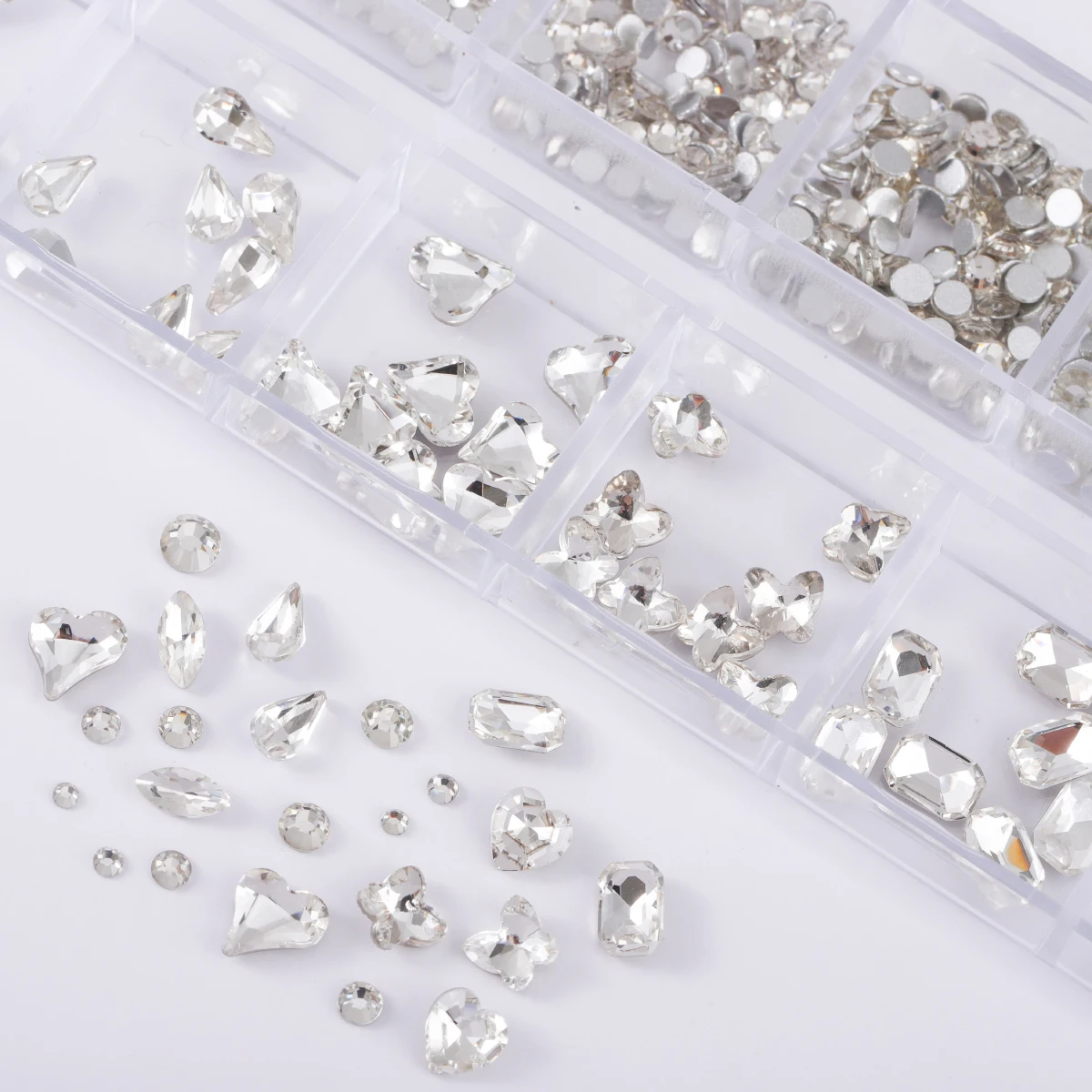 مجموعة من مثقاب الأظافر من حجر الراين ، 12 صندوق شبكي ، شفاف ، مسطح ، فراشة ، قلب ، قطرة #6