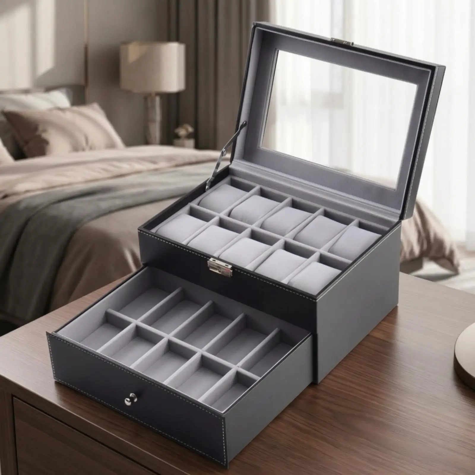 Wood Leather Watch Organizer Box with Clear View Top Window and Front Drawer for Watch Collection Enthusiast Gift