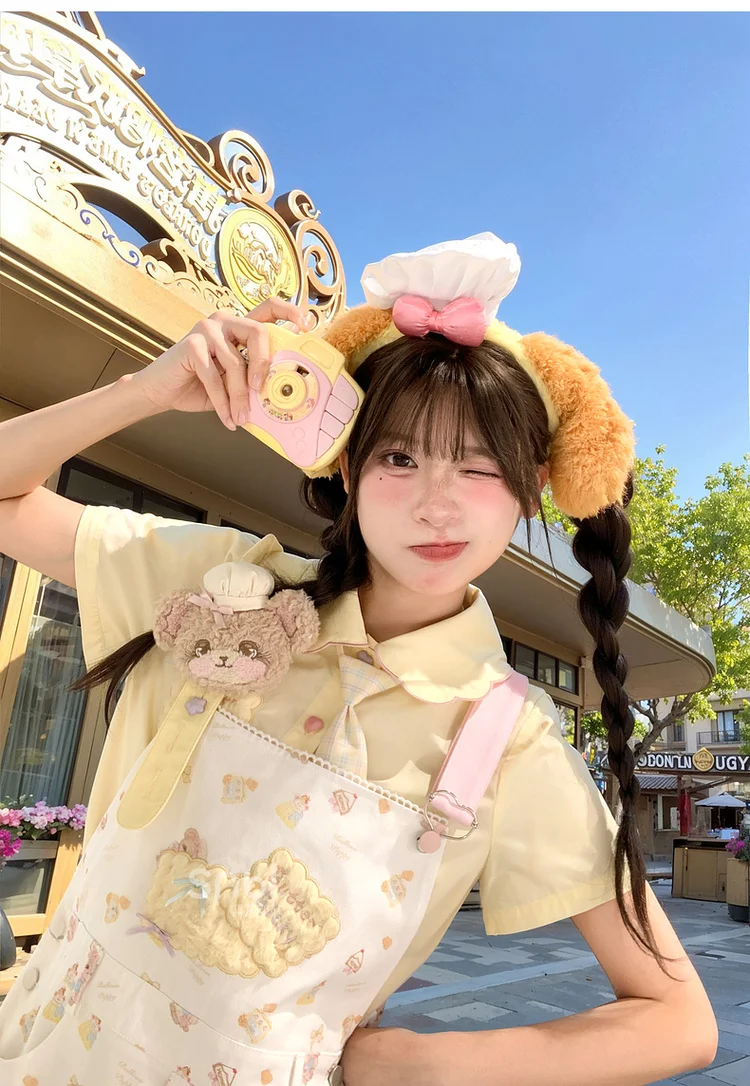 2025 여름 신상 스윗하고 인기있는 루즈핏 곰 프린트 스트랩 드레스 미니 여성용 옐로우 타이 칼라 반팔 셔츠