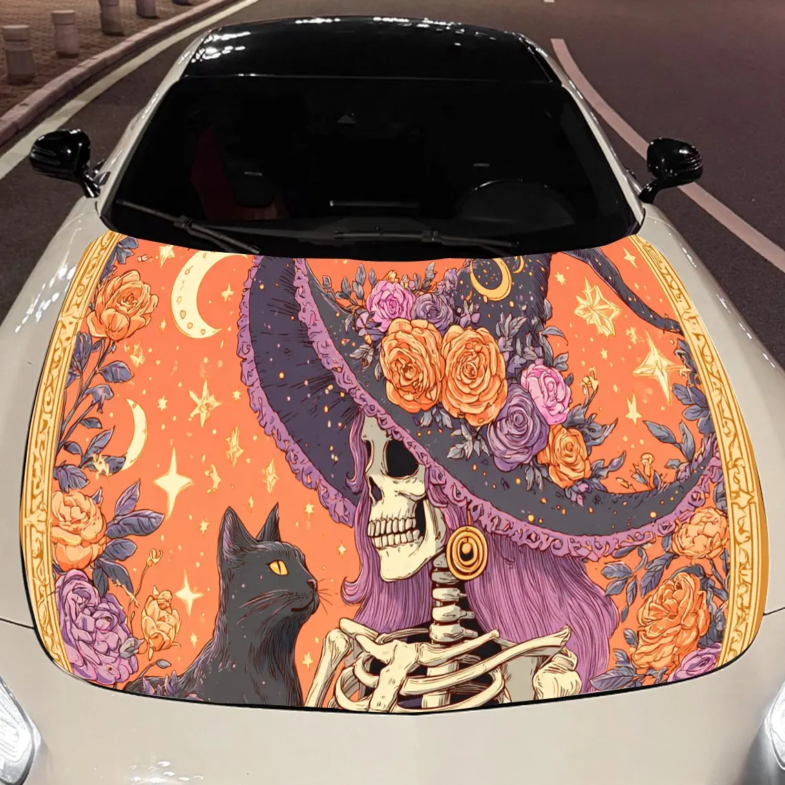 

Black Cat - Festive Halloween Skeleton Witch Car Engine Hood Sticker, Auto Vinyl Wraps, Waterproof Self-adhesive Vehicle Decal,