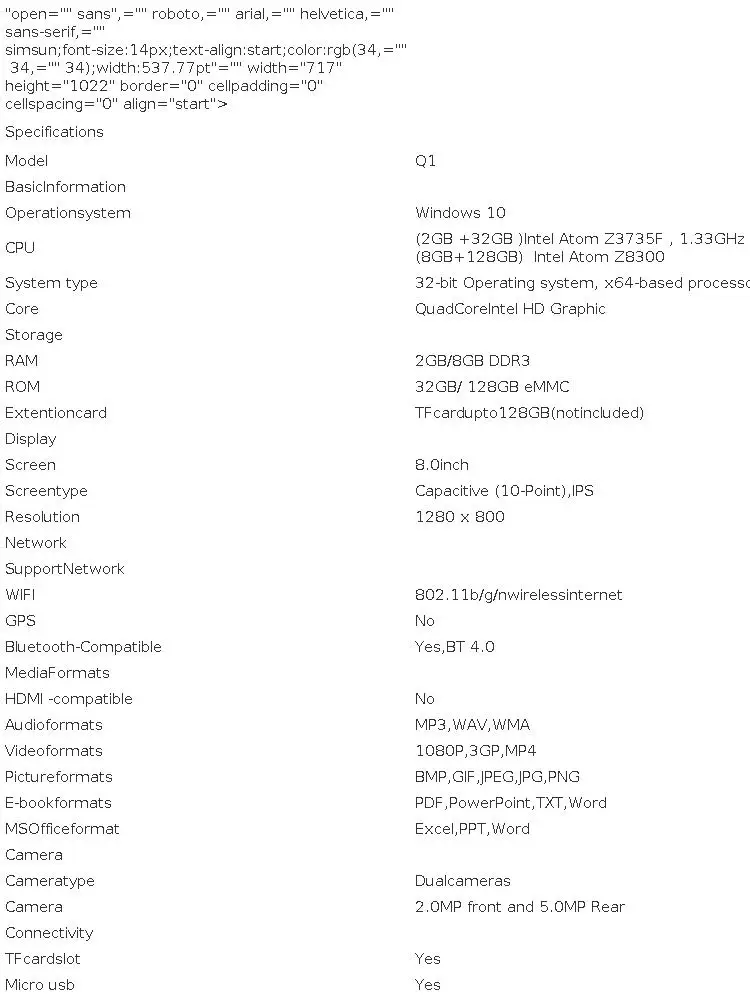 8 INCH Q1 8GB RAM 128GB ROM AR2 Windows 10 Tablet 1280*800 IPS Screen Z8300 Quad Core Intel HD Graphic Dual Cameras