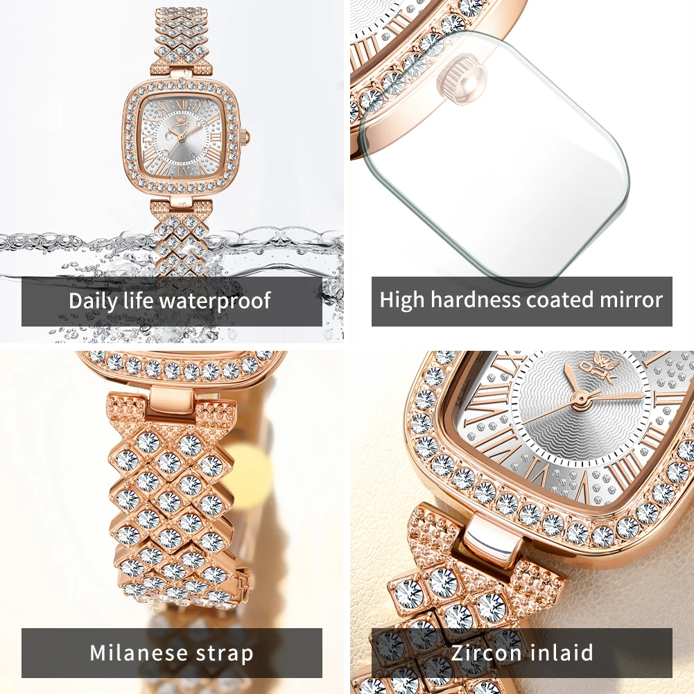 Zegarek damski kwarcowy OPK 6048 ze stalowym paskiem i kwadratową tarczą z otworami.