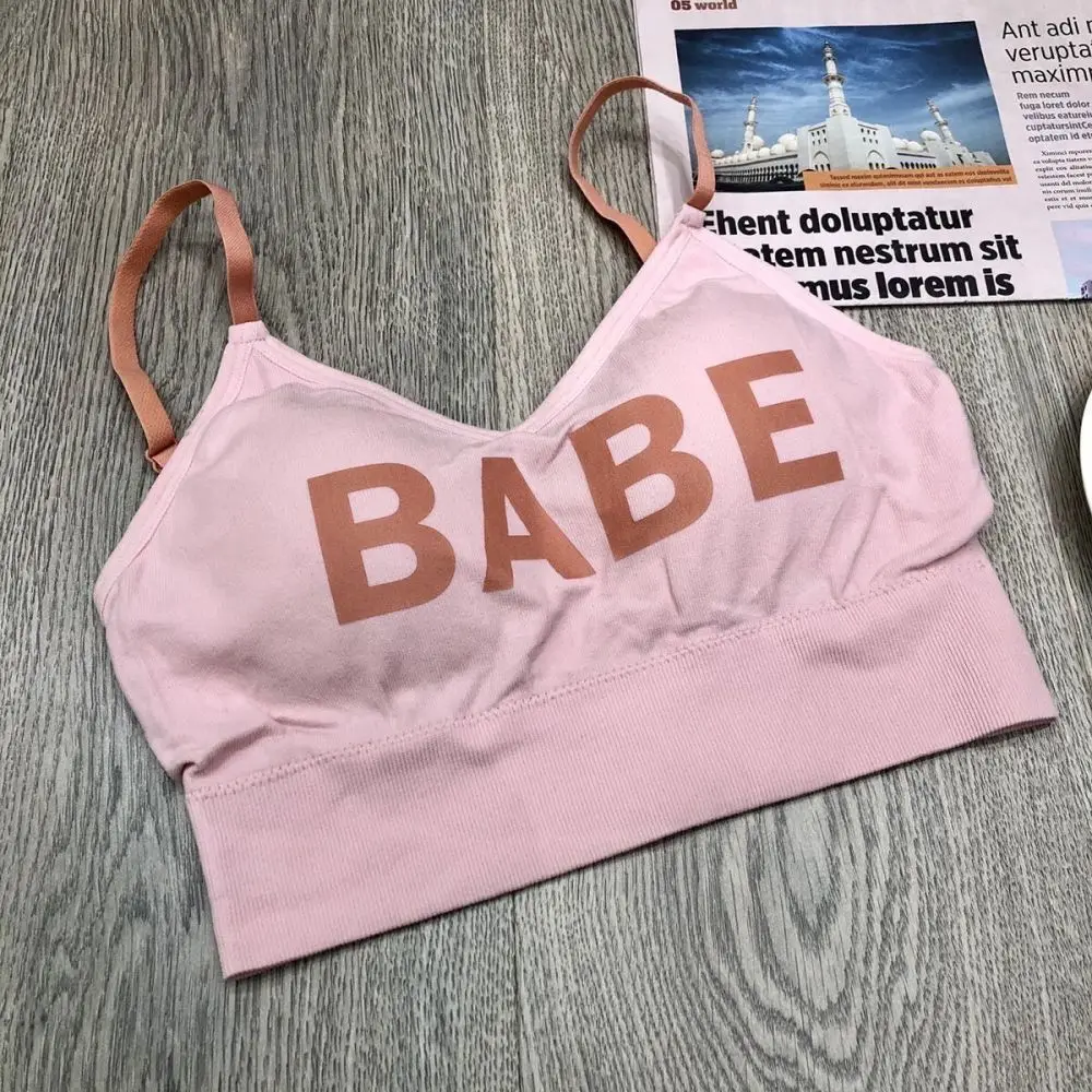 Trendy Padded Camisole Women Babe Letter Print Contrast Patchwork Sports Bra Breathable Fitness Casual Street Style Crop Vest