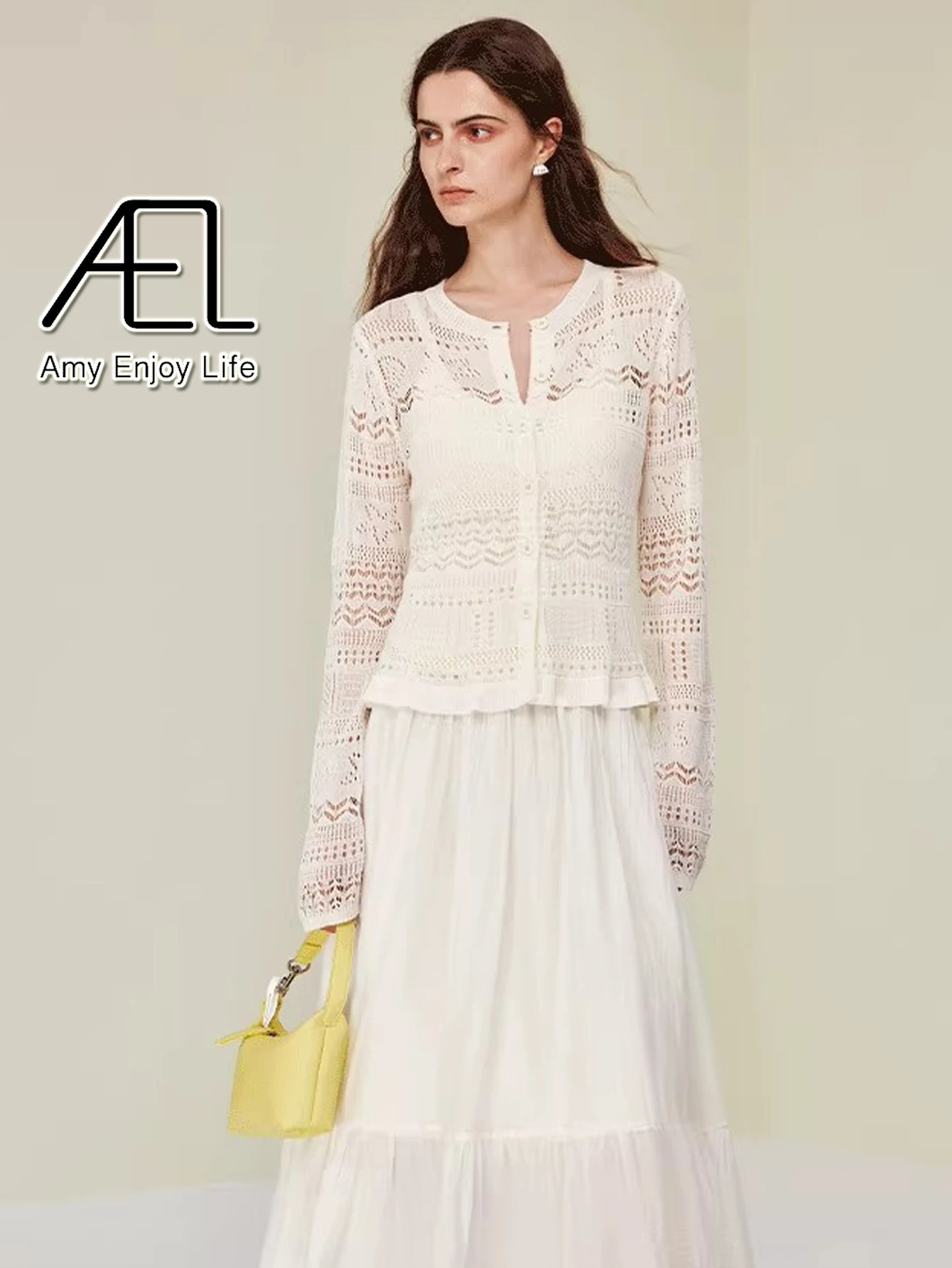 

AEL Summer Vacation Style Hollow out Hook Flower Knitted Cardigan Women's Long Sleeve French Style 2025 New Arrival Open Cardiga