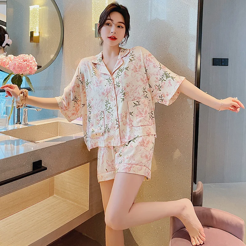 Women's Pajamas Summer Satin Short Sleeved Pajamas Two-piece Set Elegant Style Can Be Worn Outside Home Clothes