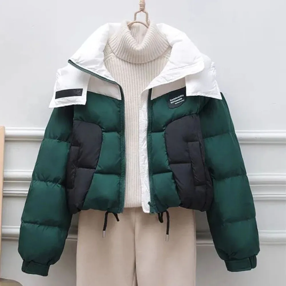 Winter korte capuchon dames streetwear patchwork cropped donsjack Koreaans katoen gewatteerd dons dikker thermische parka dame