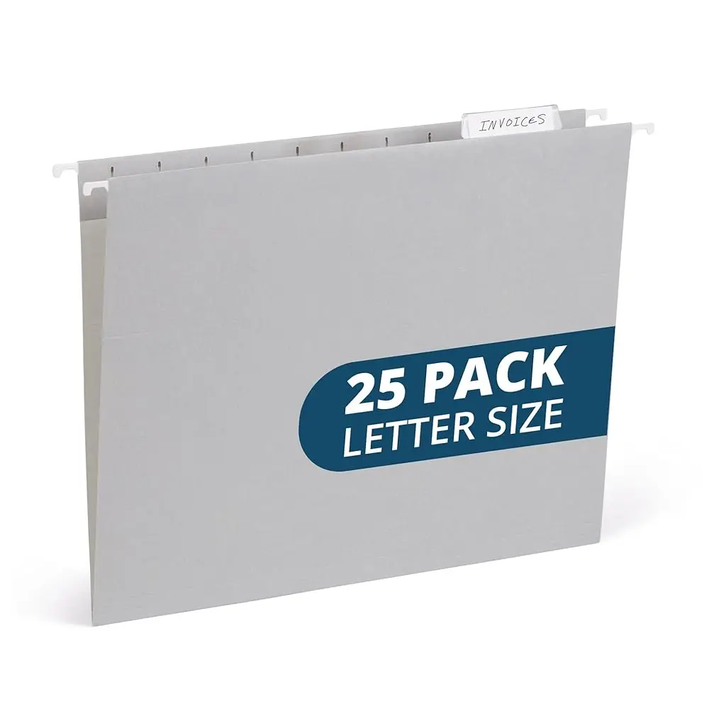 

25 Grey Hanging File Folders Letter Size - Durable 11Pt Paper, Hanging File Folders Gray, Plastic Tabs And Inserts Luded,