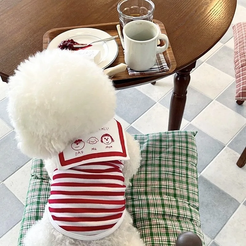 Green Striped Puppy T-shirt Pet Navy Collar Vest Cartoon Print Maltese Short Sleeved Breathable Clothes for Small Dog Cats view 4
