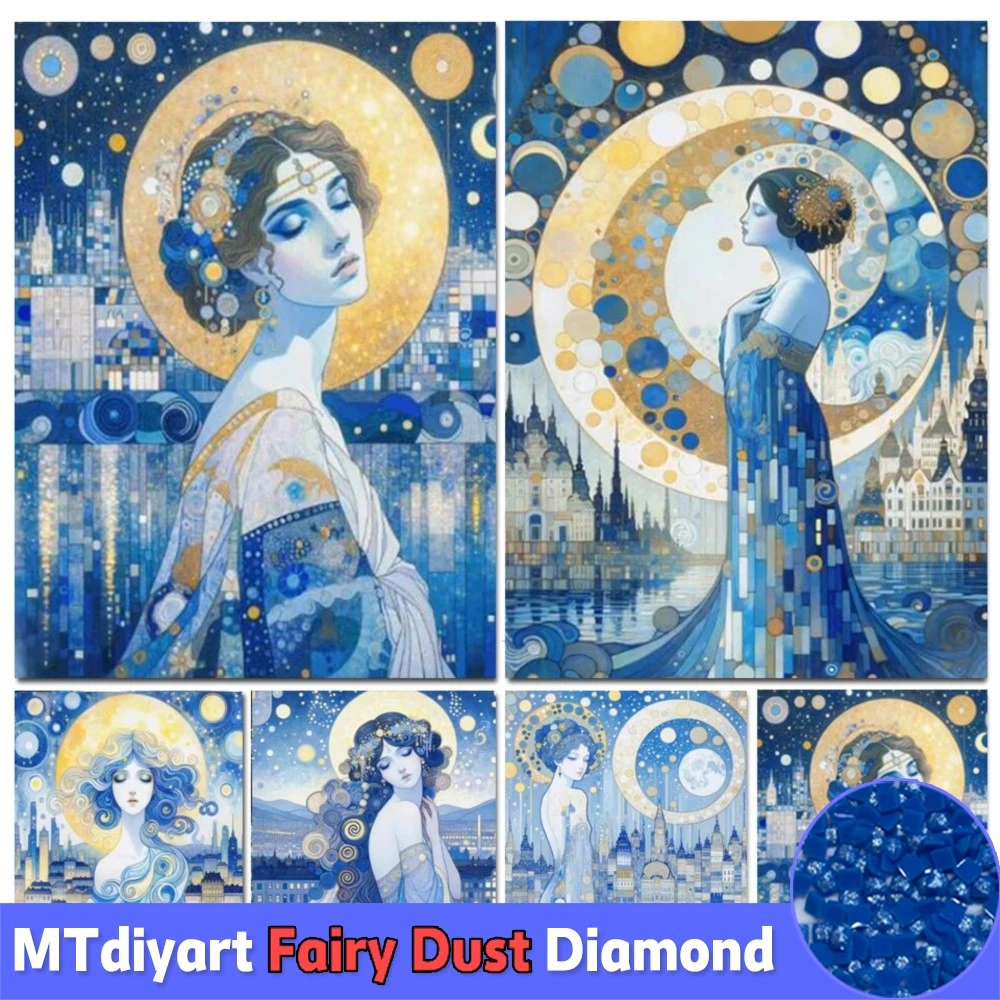 Full Square Round Mosaic The Goddess Of The Moon Fairy Dust Protect Your Dreams 5D DIY Diamond Painting Blue Woman Landscape