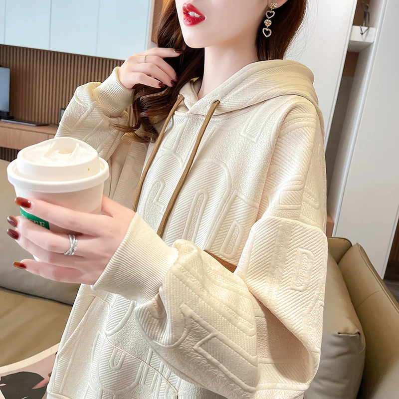 Dames Koreaanse losse casual dunne hoodies patch jacquard zak trui vrouwelijke tops lente uitloper herfst