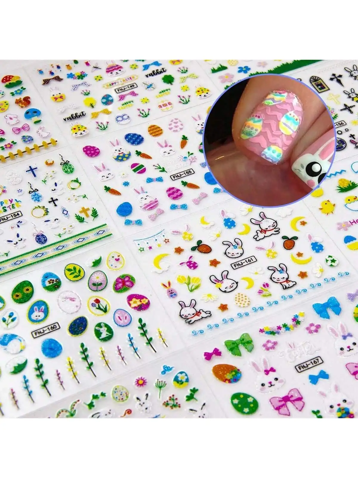 Mischen Sie 30 Blatt nach dem Zufallsprinzip Weihnachten Ostern 3D-Blumen-Nagelkunstaufkleber – selbstklebende Vinyl-Blumenaufkleber mit Glitzerakzenten,