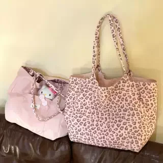 Korean Style Large Capacity Canvas Leopard Print Tote Bag Women's Single Shoulder Bag Fashionable Commuter Bag for Daily Use