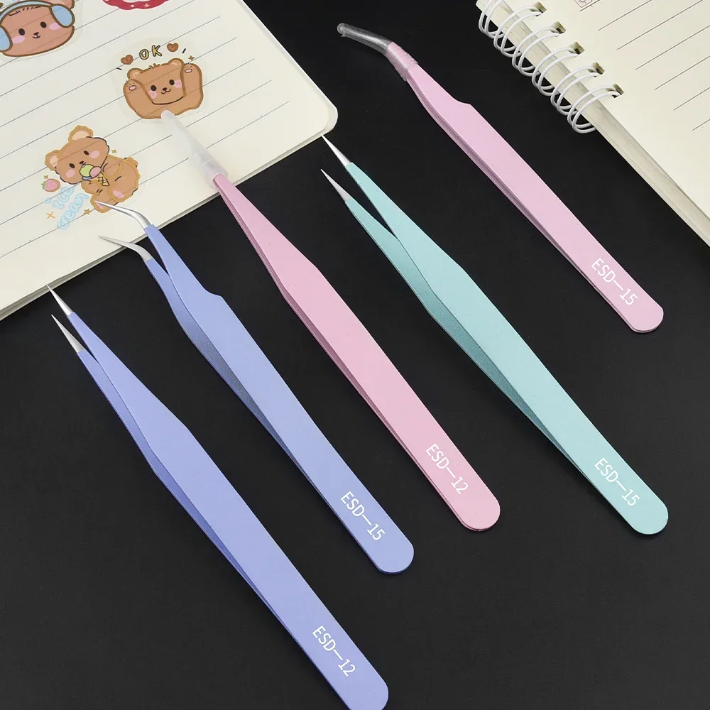 ESD-12 ESD-15 Colorful Anti-static and Anti-magnetic Tweezers Stainless Steel Precision Tweezers Macaron Manual Clip DIY