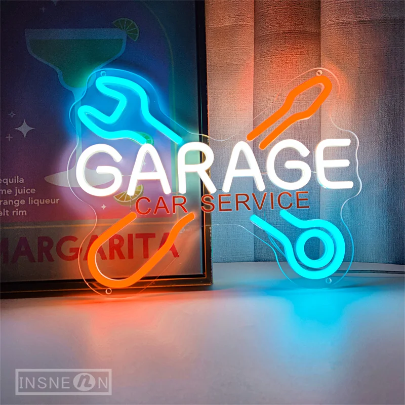 Garage Neon Sign Wrench Shaped LED Neon Light Up Signs per Wall Decor Letter Sign for Man Garage Door Auto Repair Shop Neon LED