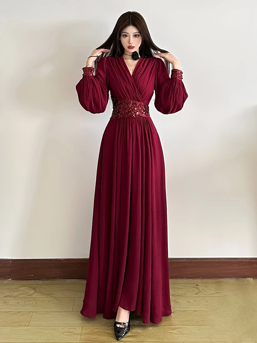 تنورة WEIRD PUSS النسائية الفنية الطويلة Sve Dr Deep V Ne تنورة التخسيس iny الترتر الخصر Cinched Faionable Dr #4