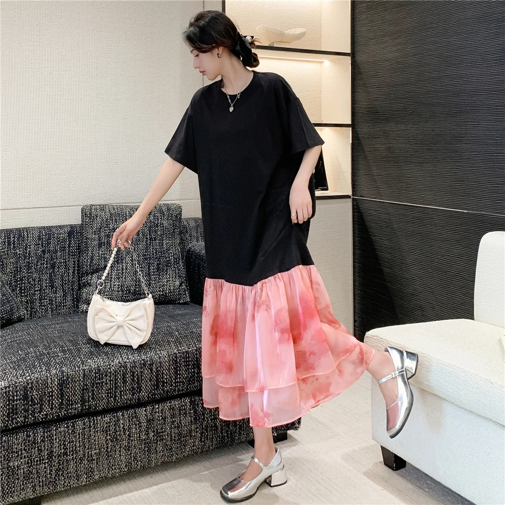 

Футболка длиной до колена Dr в стиле пэчворк, оверсайз, скрывающий живот, для похудения, евро, органза, длинный хлопок, для поездок на работу, с высокой талией