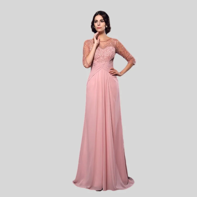 

Pink Mother Of The Bride Dresses A-line 3/4 Sleeves Chiffon Beaded Plus Size Long Groom Mother Dresses For Wedding