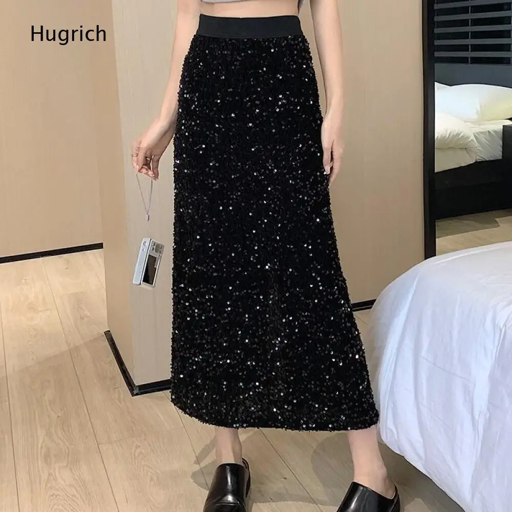 Ladies Sparkly Sequin Bodycon Midi Skirt Solid Black Elastic High Waist Front Split Design Casual Long Skirt Bottoms