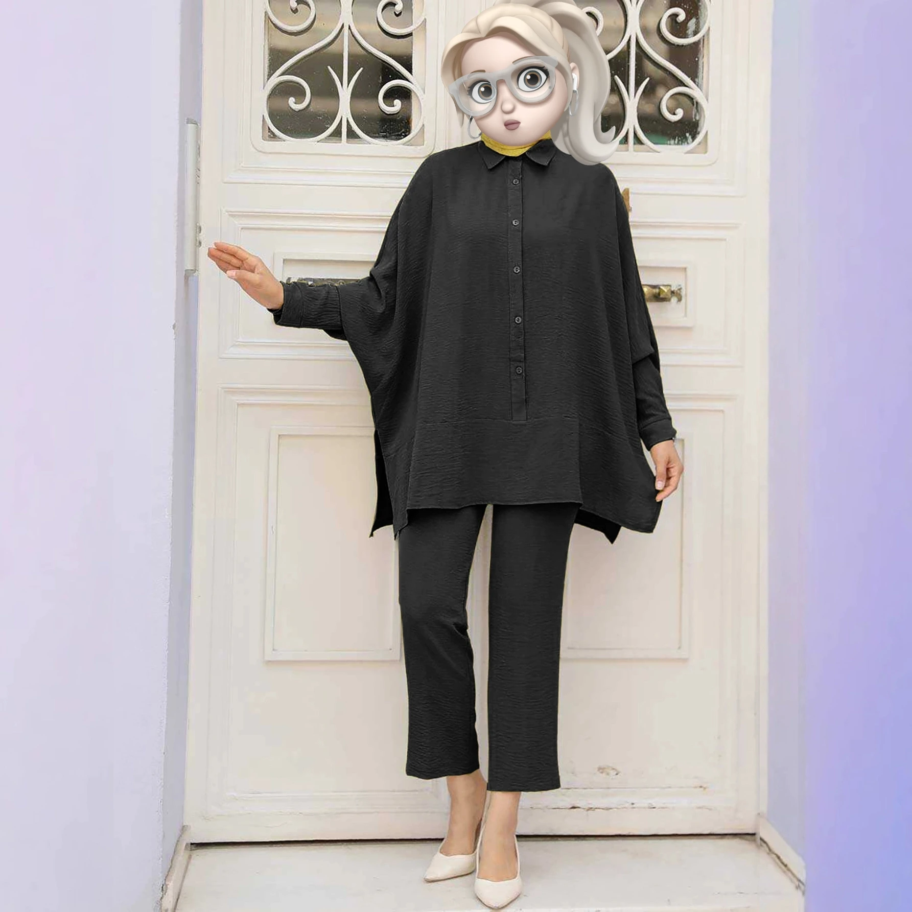 Comfortable Loose Middle East Sle Batwing Sve irt And Pants Set Long Sve Button up Faionable Women's Ensemble