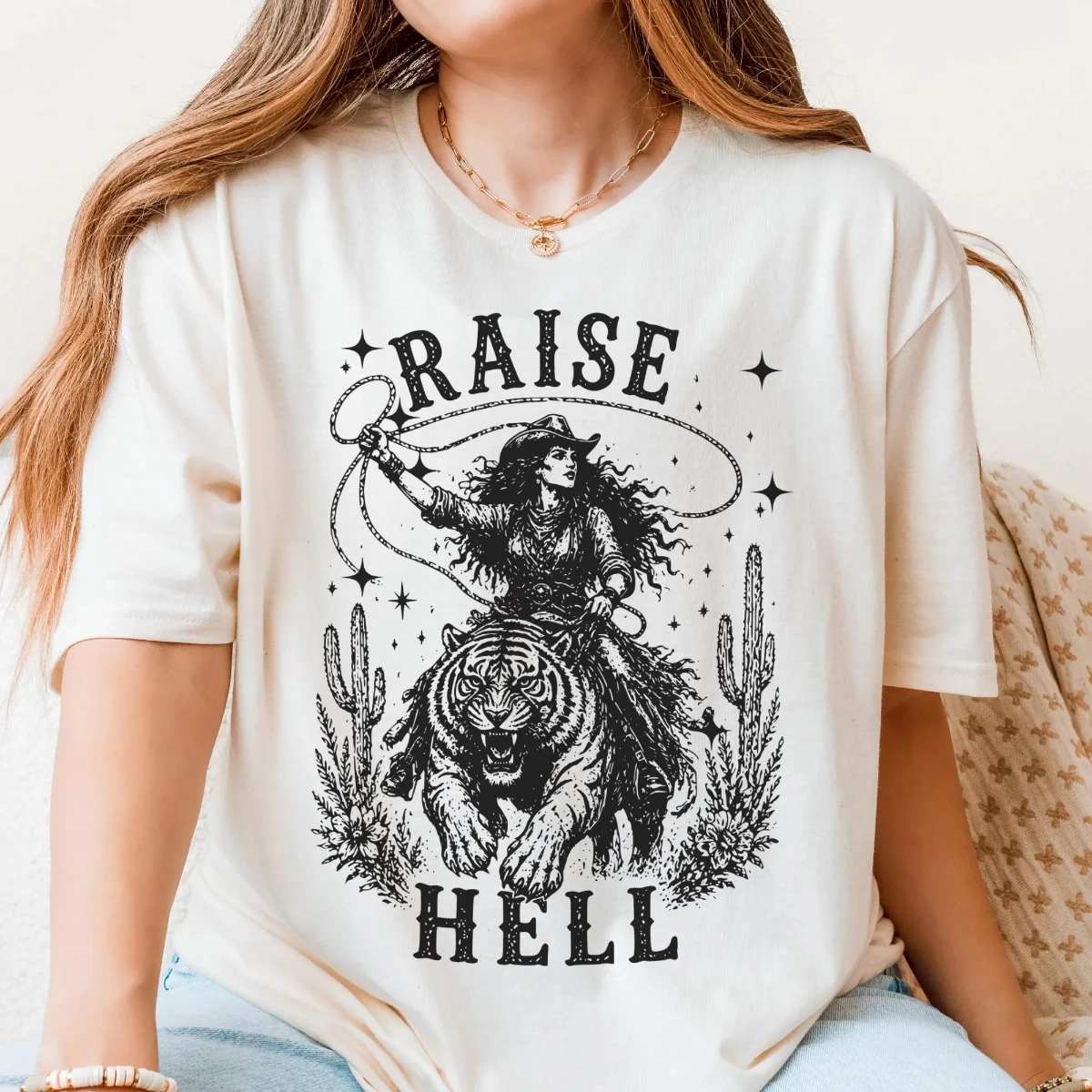 Retro Cowboy Tiger Feminist Rebellious Female T-shirt, Tiger Mom Women's T-shirt, Equality Anti Patriarchal T-shirt