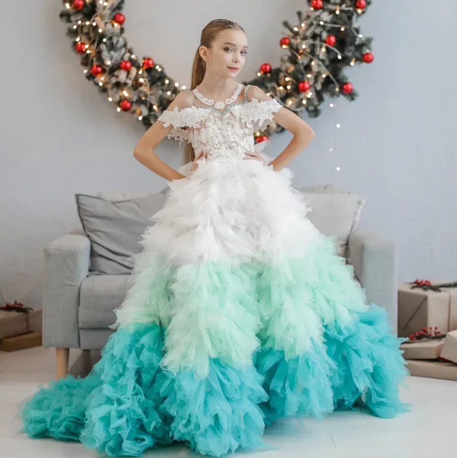 Quality Luxury Color Blocking Flower Girls Dress Layering Tulle Fluffy  for Kids Wedding Dresses Birthday Party Ball Dresses