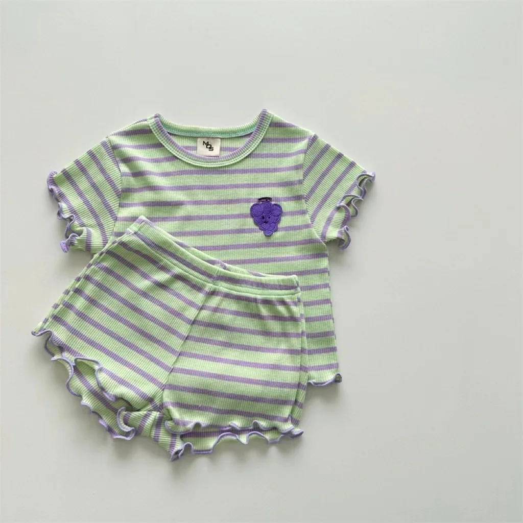 Korean Version Baby Striped Short Sleeve T-shirt Shorts Set Grape Fruit Round Neck Walking Comfortable Two-piece Set