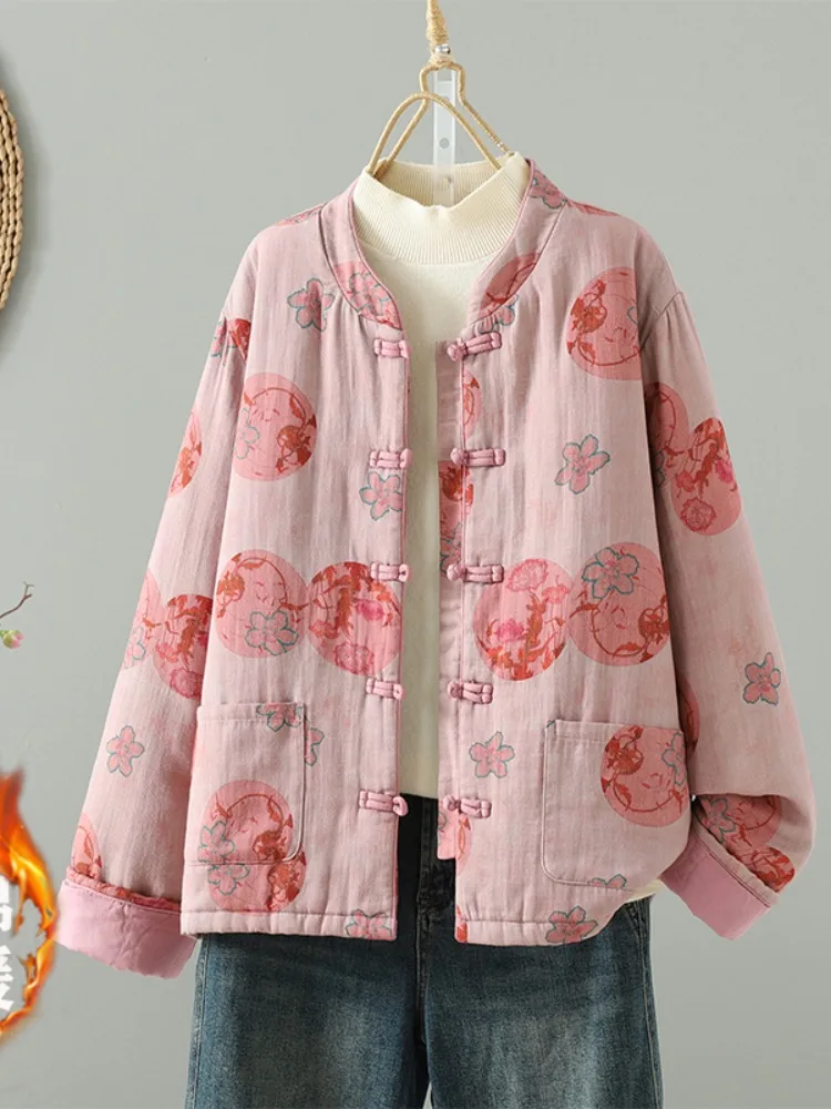 

High-End New Chinese Sle Printed Cotton Jaet Women's Winter Retro Traditional Buttoned Thiened Cotton Padded Coat