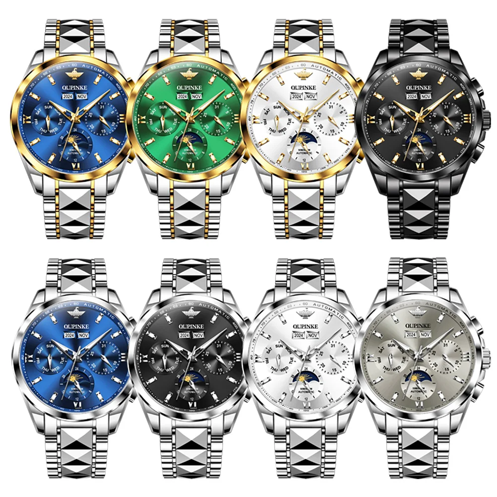 OUPINKE 3201 Wysokiej jakości męski zegarek automatyczny mechaniczny ﻿   Zegarki z kalendarzem wiecznym i fazami księżyca, wodoodporne do 50M, w pudełku prezentowym
